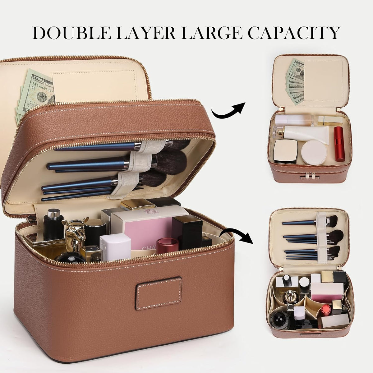 Large Makeup Bag Duo Vanity Case for Women Leather Makeup Case Travel Toiletry Bag Portable Double Layer Cosmetic Bag