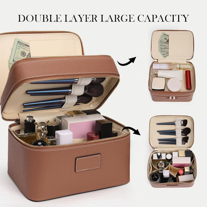 Large Makeup Bag Duo Vanity Case for Women Leather Makeup Case Travel Toiletry Bag Portable Double Layer Cosmetic Bag