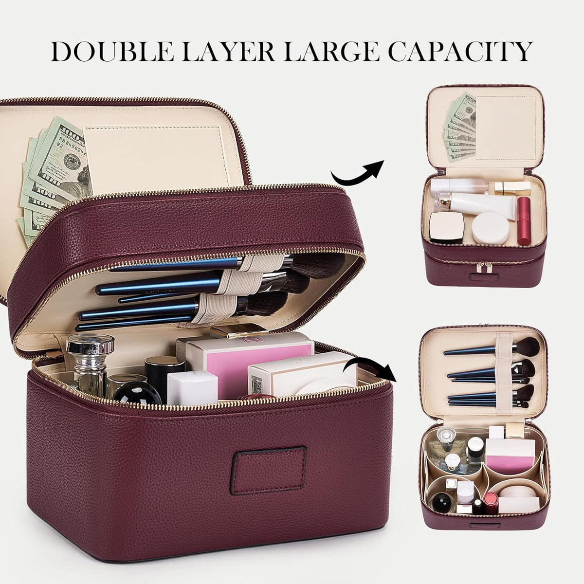 Large Makeup Bag Duo Vanity Case for Women Leather Makeup Case Travel Toiletry Bag Portable Double Layer Cosmetic Bag
