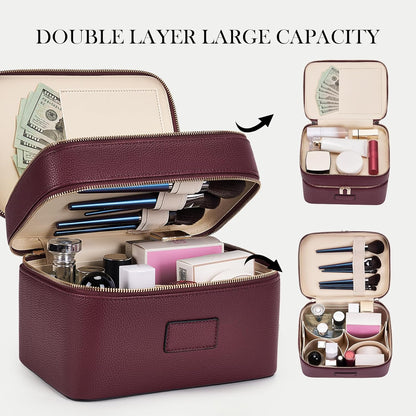 Large Makeup Bag Duo Vanity Case for Women Leather Makeup Case Travel Toiletry Bag Portable Double Layer Cosmetic Bag