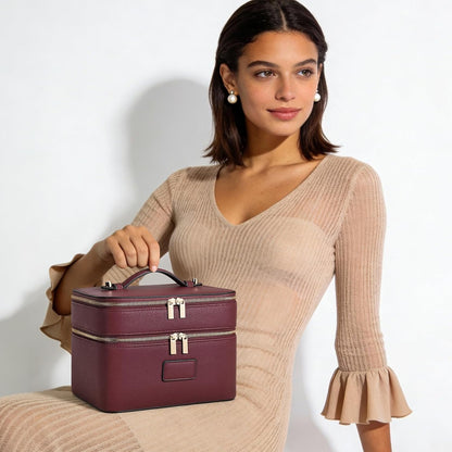 Large Makeup Bag Duo Vanity Case for Women Leather Makeup Case Travel Toiletry Bag Portable Double Layer Cosmetic Bag