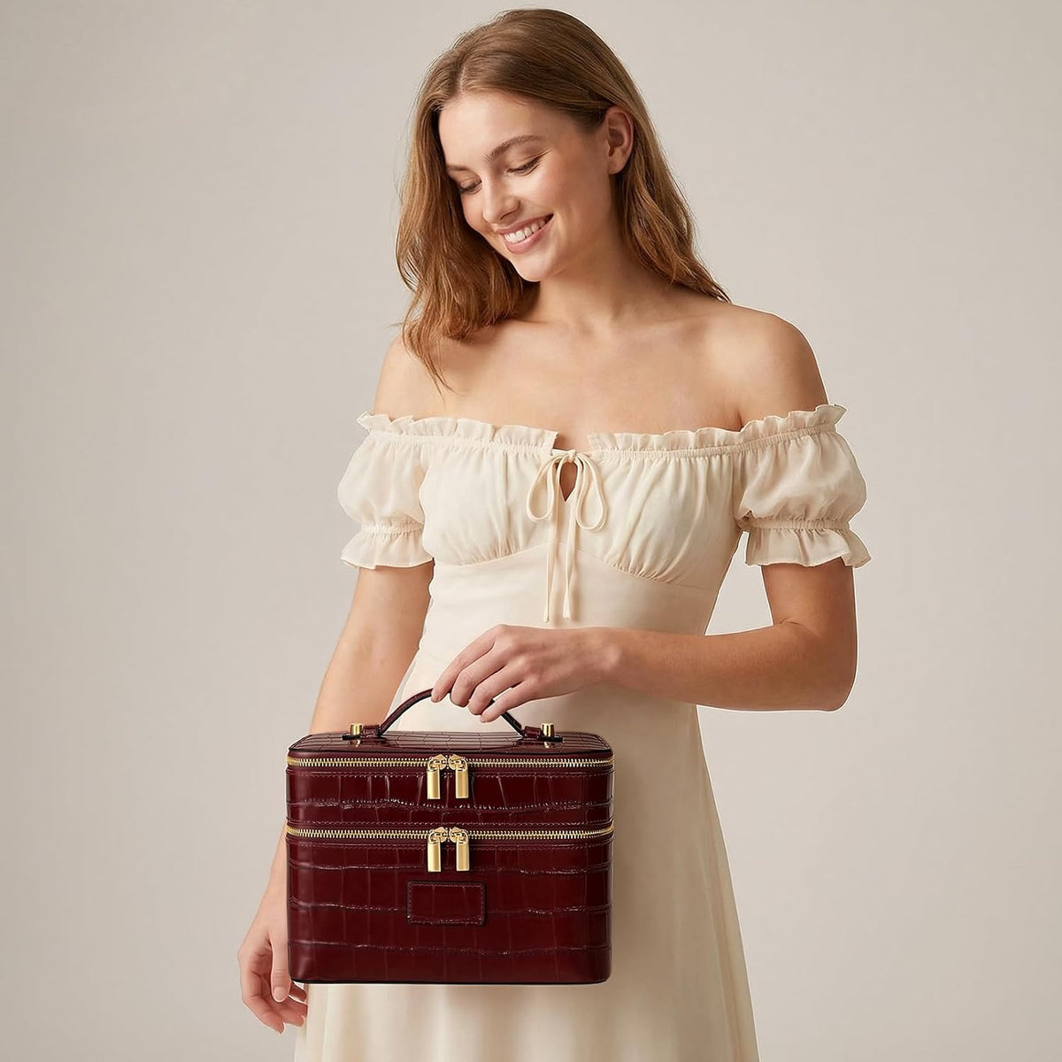 Large Makeup Bag Duo Vanity Case for Women Leather Makeup Case Travel Toiletry Bag Portable Double Layer Cosmetic Bag