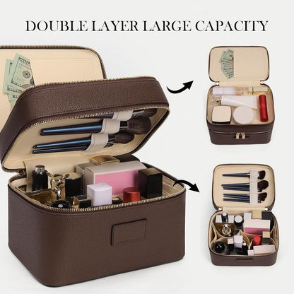 Large Makeup Bag Duo Vanity Case for Women Leather Makeup Case Travel Toiletry Bag Portable Double Layer Cosmetic Bag
