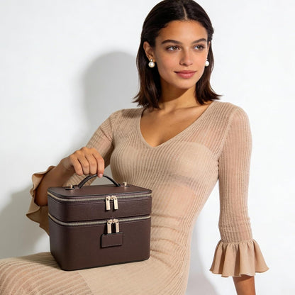 Large Makeup Bag Duo Vanity Case for Women Leather Makeup Case Travel Toiletry Bag Portable Double Layer Cosmetic Bag