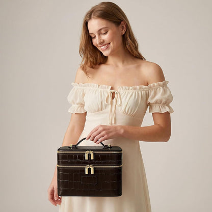 Large Makeup Bag Duo Vanity Case for Women Leather Makeup Case Travel Toiletry Bag Portable Double Layer Cosmetic Bag