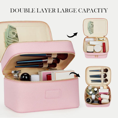 Large Makeup Bag Duo Vanity Case for Women Leather Makeup Case Travel Toiletry Bag Portable Double Layer Cosmetic Bag