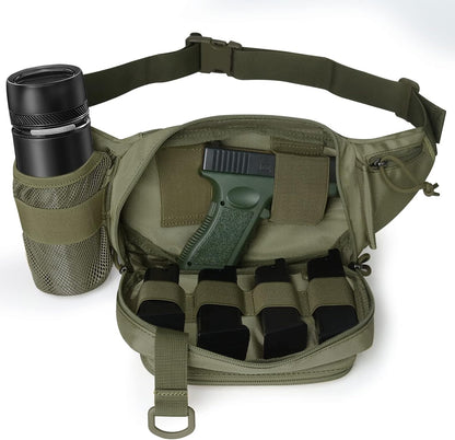 Concealed Carry Pistol Waist bag Tactical Conceal Carry Pistol Bag Fanny Packs Handgun Holster Pouch with Bottle&Gun Holder Fits 1911 Glock etc