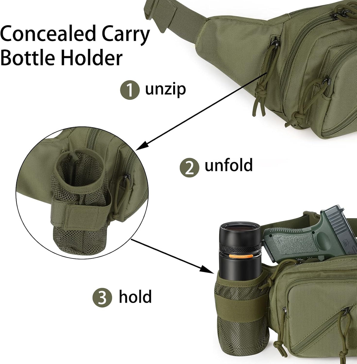 Concealed Carry Pistol Waist bag Tactical Conceal Carry Pistol Bag Fanny Packs Handgun Holster Pouch with Bottle&Gun Holder Fits 1911 Glock etc