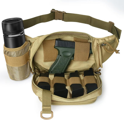 Concealed Carry Pistol Waist bag Tactical Conceal Carry Pistol Bag Fanny Packs Handgun Holster Pouch with Bottle&Gun Holder Fits 1911 Glock etc