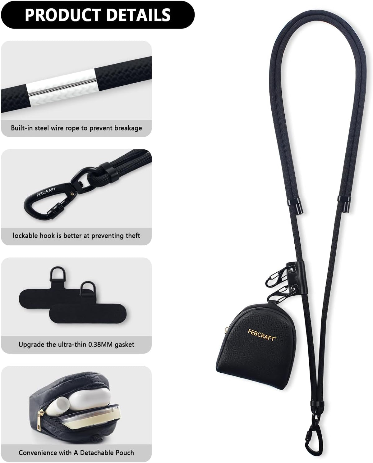 Cell Phone Lanyard Crossbody,Anti Theft Phone Strap,with Steel Wire & Lock,Clip and Go Strap for Phone with Wallet Crossbody,Travel Essentials,Commuting,Daily Convenience,Black