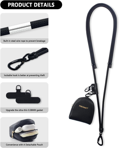 Cell Phone Lanyard Crossbody,Anti Theft Phone Strap,with Steel Wire & Lock,Clip and Go Strap for Phone with Wallet Crossbody,Travel Essentials,Commuting,Daily Convenience,Black