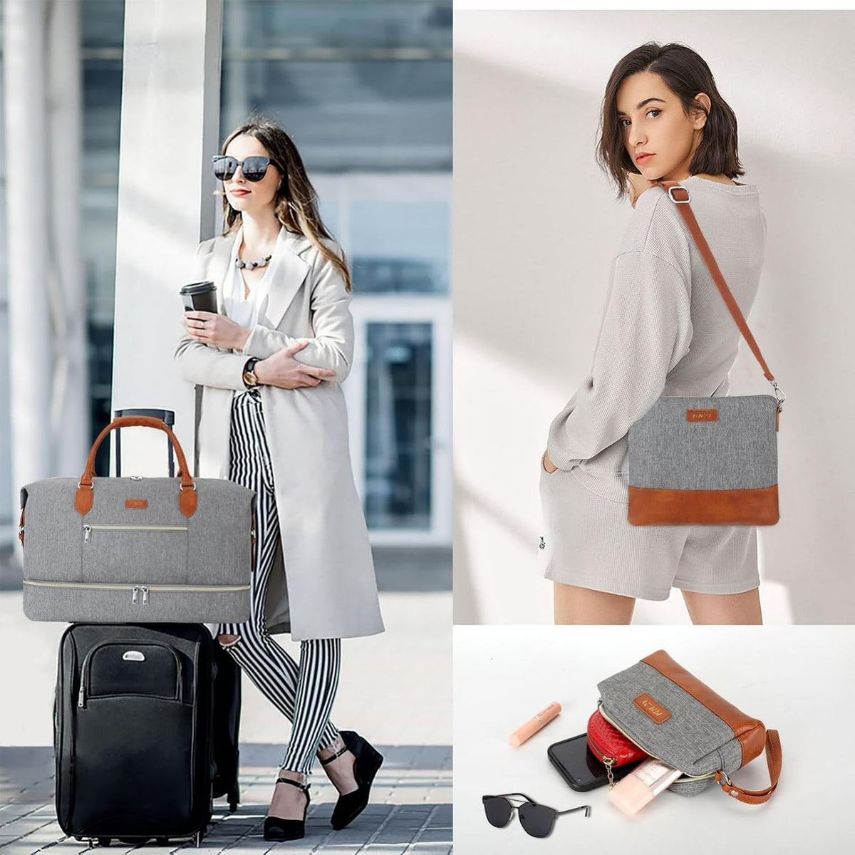 Weekender Overnight Bag for Women - Large Travel Duffel Bag with Shoe Compartment, Gym Duffel Bag Hospital Bag Carry On Tote Bags for Airplanes with Crossbody Bag Toiletry Bag 3Pcs Set - Colors B
