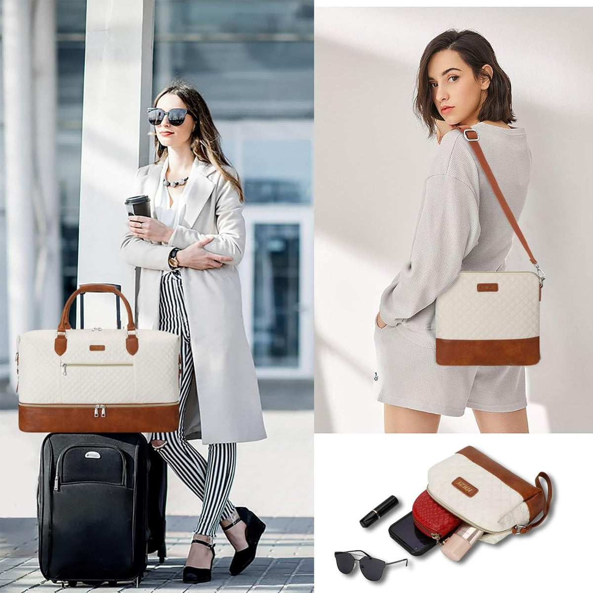Weekender Overnight Bag for Women - Large Travel Duffel Bag with Shoe Compartment, Gym Duffel Bag Hospital Bag Carry On Tote Bags for Airplanes with Crossbody Bag Toiletry Bag 3Pcs Set - Colors B