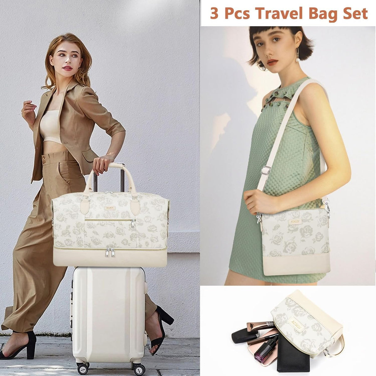 Weekender Overnight Bag for Women - Large Travel Duffel Bag with Shoe Compartment, Gym Duffel Bag Hospital Bag Carry On Tote Bags for Airplanes with Crossbody Bag Toiletry Bag 3Pcs Set - Colors B