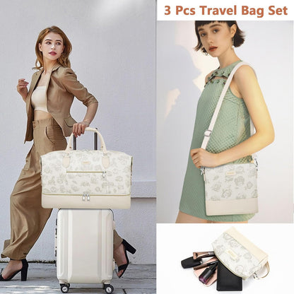 Weekender Overnight Bag for Women - Large Travel Duffel Bag with Shoe Compartment, Gym Duffel Bag Hospital Bag Carry On Tote Bags for Airplanes with Crossbody Bag Toiletry Bag 3Pcs Set - Colors B