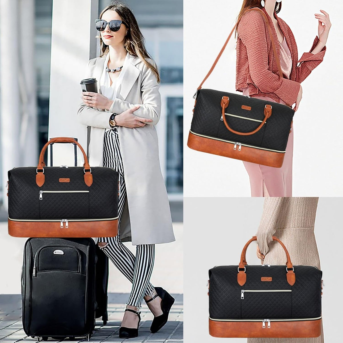 Weekender Overnight Bag for Women - Large Travel Duffel Bag with Shoe Compartment, Gym Duffel Bag Hospital Bag Carry On Tote Bags for Airplanes with Crossbody Bag Toiletry Bag 3Pcs Set - Colors B