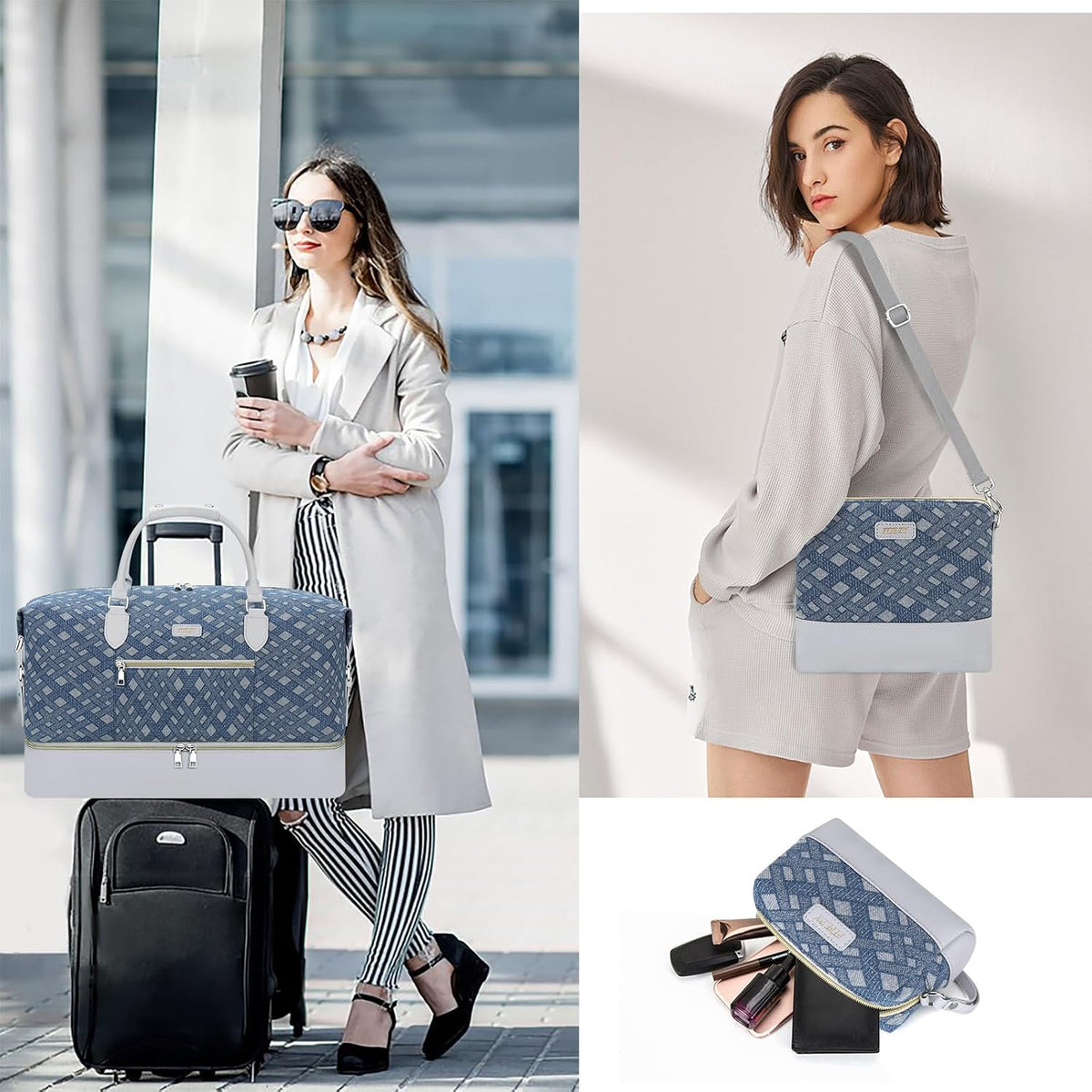Weekender Overnight Bag for Women - Large Travel Duffel Bag with Shoe Compartment, Gym Duffel Bag Hospital Bag Carry On Tote Bags for Airplanes with Crossbody Bag Toiletry Bag 3Pcs Set - Colors B