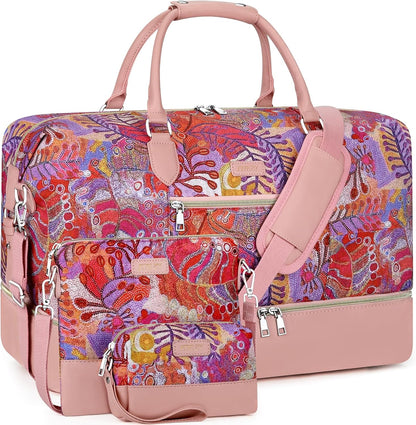 Weekender Overnight Bag for Women - Large Travel Duffel Bag with Shoe Compartment, Gym Duffel Bag Hospital Bag Carry On Tote Bags for Airplanes with Crossbody Bag Toiletry Bag 3Pcs Set - Colors B