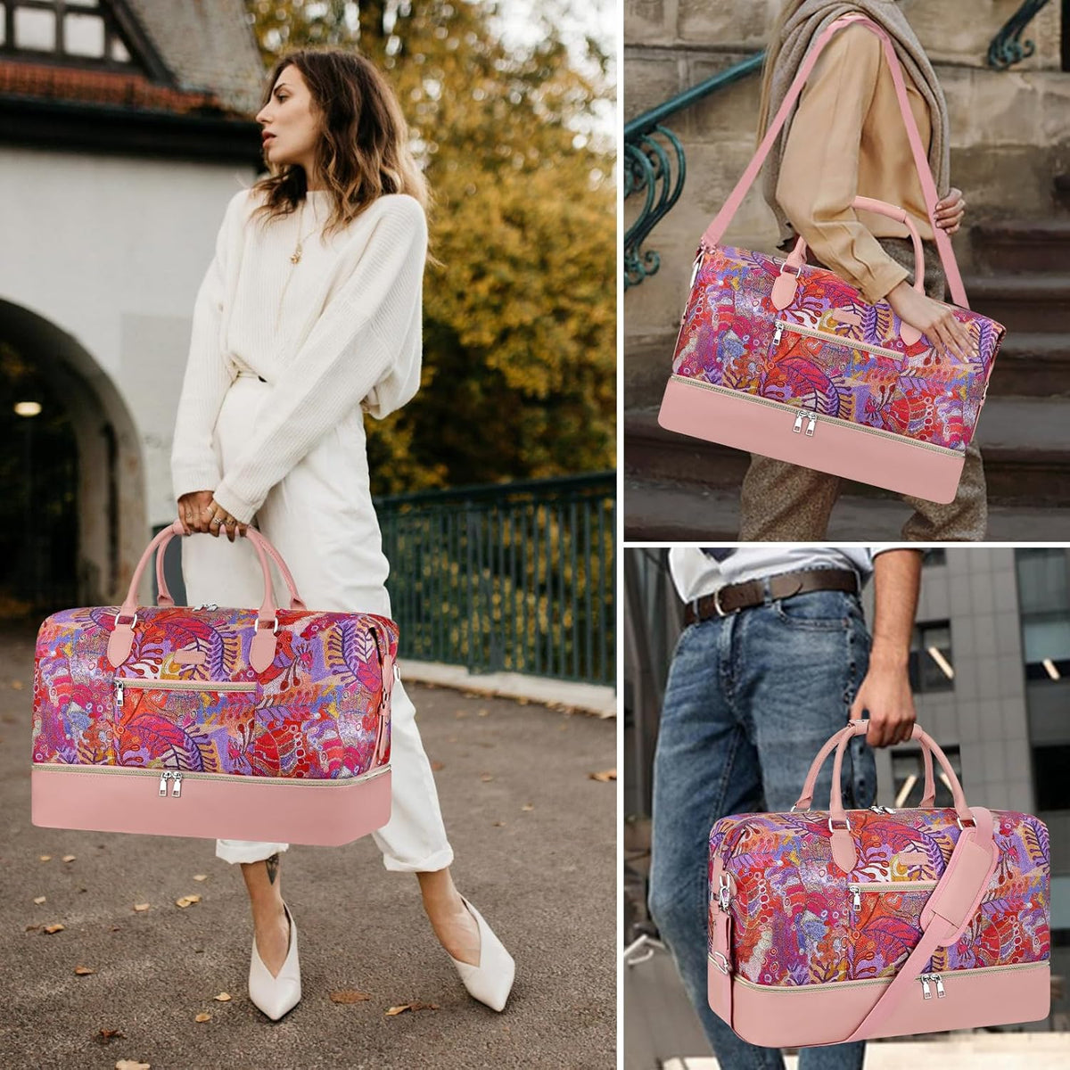 Weekender Overnight Bag for Women - Large Travel Duffel Bag with Shoe Compartment, Gym Duffel Bag Hospital Bag Carry On Tote Bags for Airplanes with Crossbody Bag Toiletry Bag 3Pcs Set - Colors B