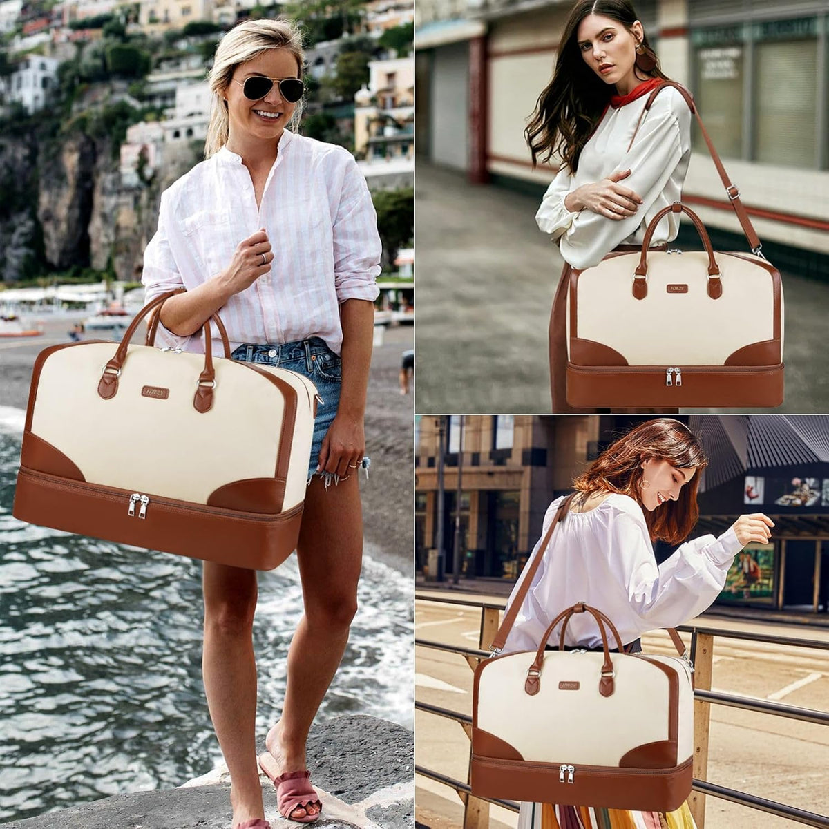 Weekender Overnight Bag for Women - Large Travel Duffel Bag with Shoe Compartment, Gym Duffel Bag Hospital Bag Carry On Tote Bags for Airplanes with Crossbody Bag Toiletry Bag 3Pcs Set - Colors B