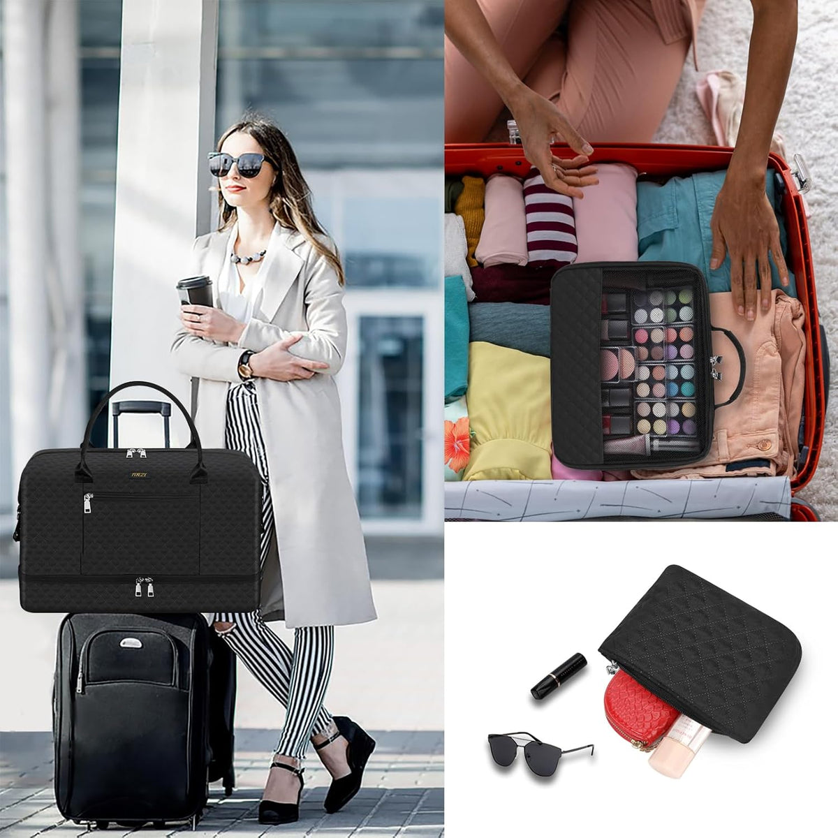 Weekender Overnight Bag for Women - Large Travel Duffel Bag with Shoe Compartment, Gym Duffel Bag Hospital Bag Carry On Tote Bags for Airplanes with Crossbody Bag Toiletry Bag 3Pcs Set - Colors B
