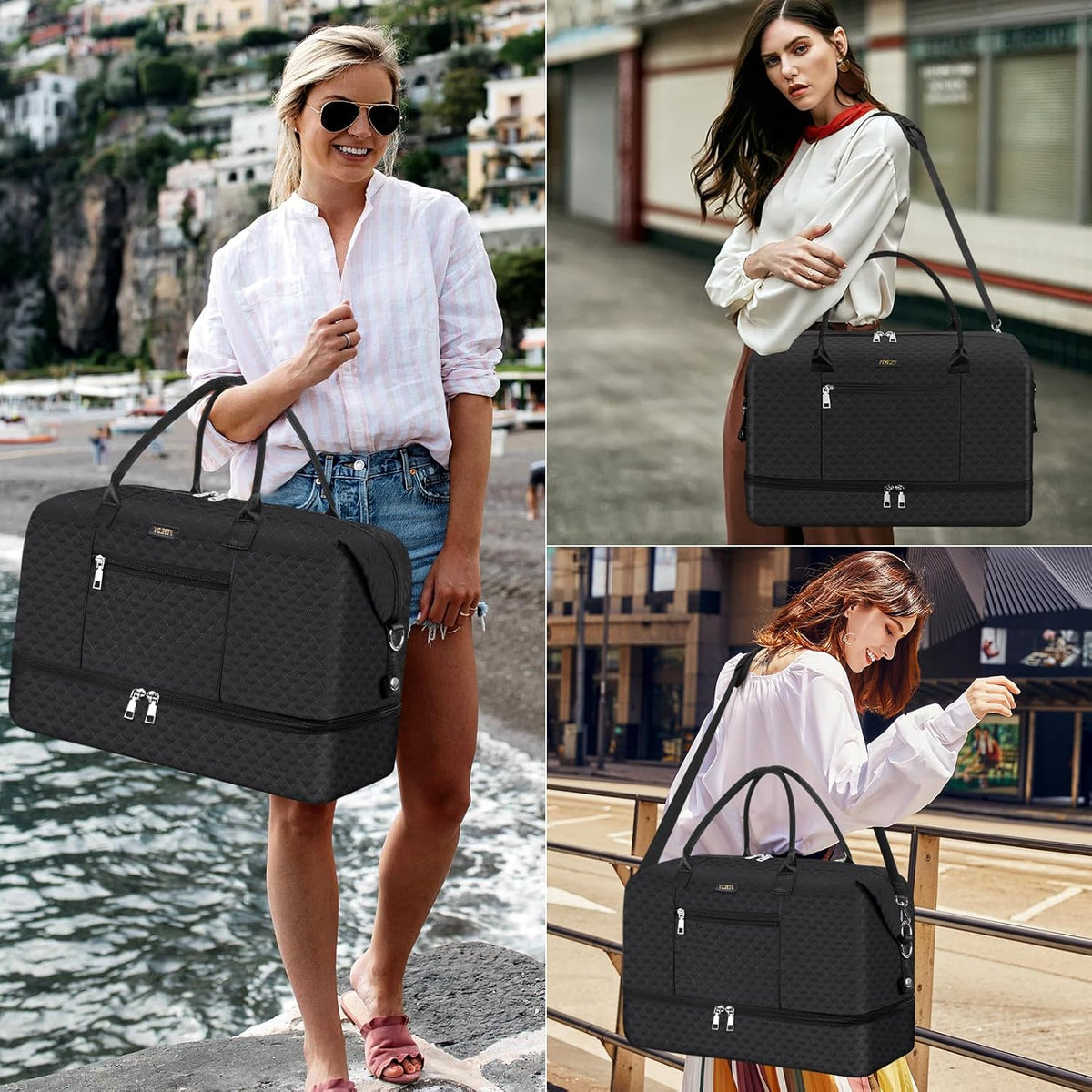 Weekender Overnight Bag for Women - Large Travel Duffel Bag with Shoe Compartment, Gym Duffel Bag Hospital Bag Carry On Tote Bags for Airplanes with Crossbody Bag Toiletry Bag 3Pcs Set - Colors B