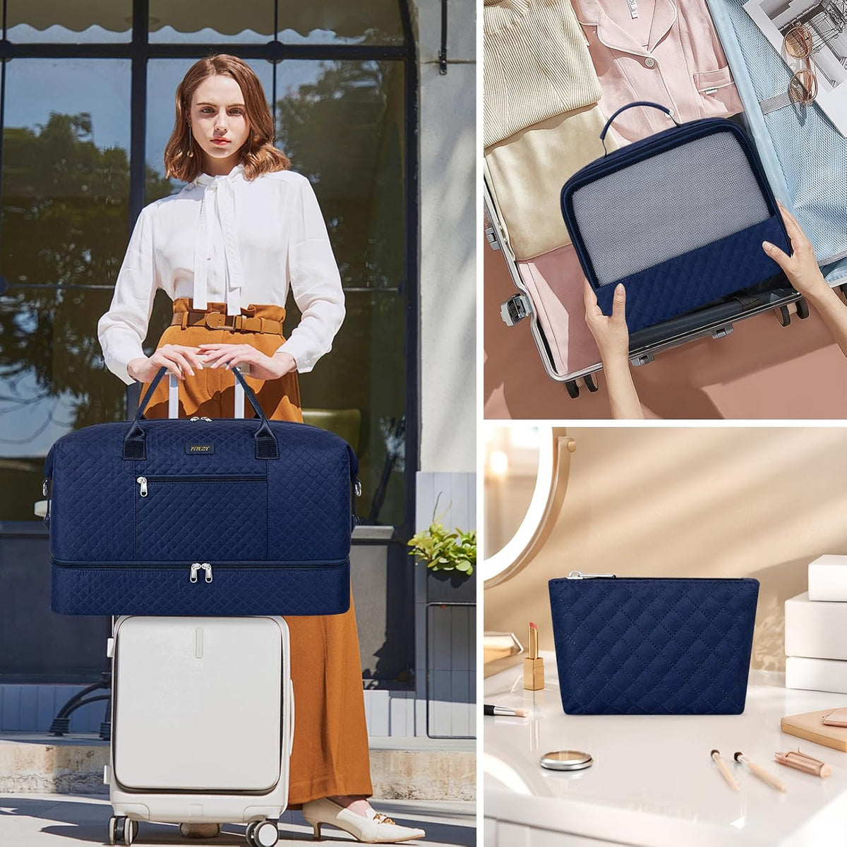Weekender Overnight Bag for Women - Large Travel Duffel Bag with Shoe Compartment, Gym Duffel Bag Hospital Bag Carry On Tote Bags for Airplanes with Crossbody Bag Toiletry Bag 3Pcs Set - Colors B