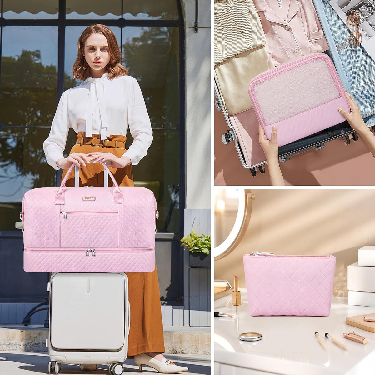 Weekender Overnight Bag for Women - Large Travel Duffel Bag with Shoe Compartment, Gym Duffel Bag Hospital Bag Carry On Tote Bags for Airplanes with Crossbody Bag Toiletry Bag 3Pcs Set - Colors B