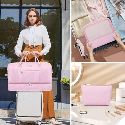 Weekender Overnight Bag for Women - Large Travel Duffel Bag with Shoe Compartment, Gym Duffel Bag Hospital Bag Carry On Tote Bags for Airplanes with Crossbody Bag Toiletry Bag 3Pcs Set - Colors B