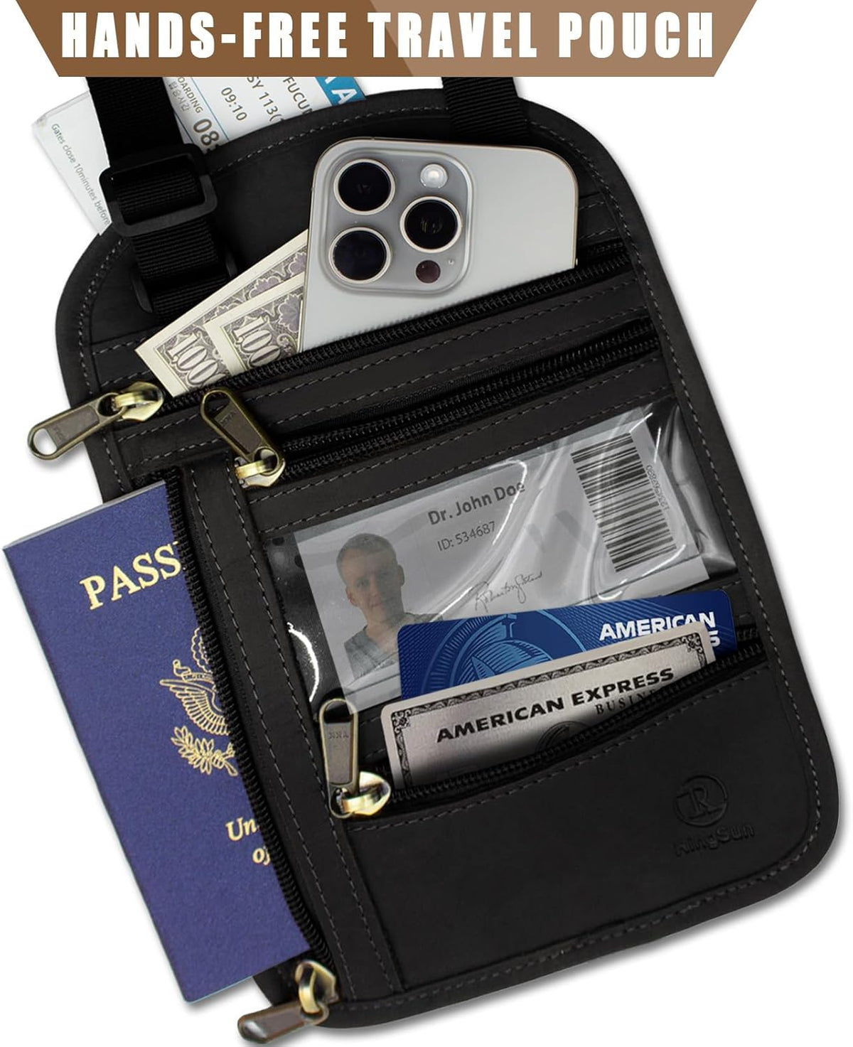 Genuine Leather Passport Holder For Travel, RFID Blocking Slim Neck Wallet with Adjustable Strap for Women and Men, Travel Essentials to Keep Cash, Credit Cards and Documents Safe, Brown