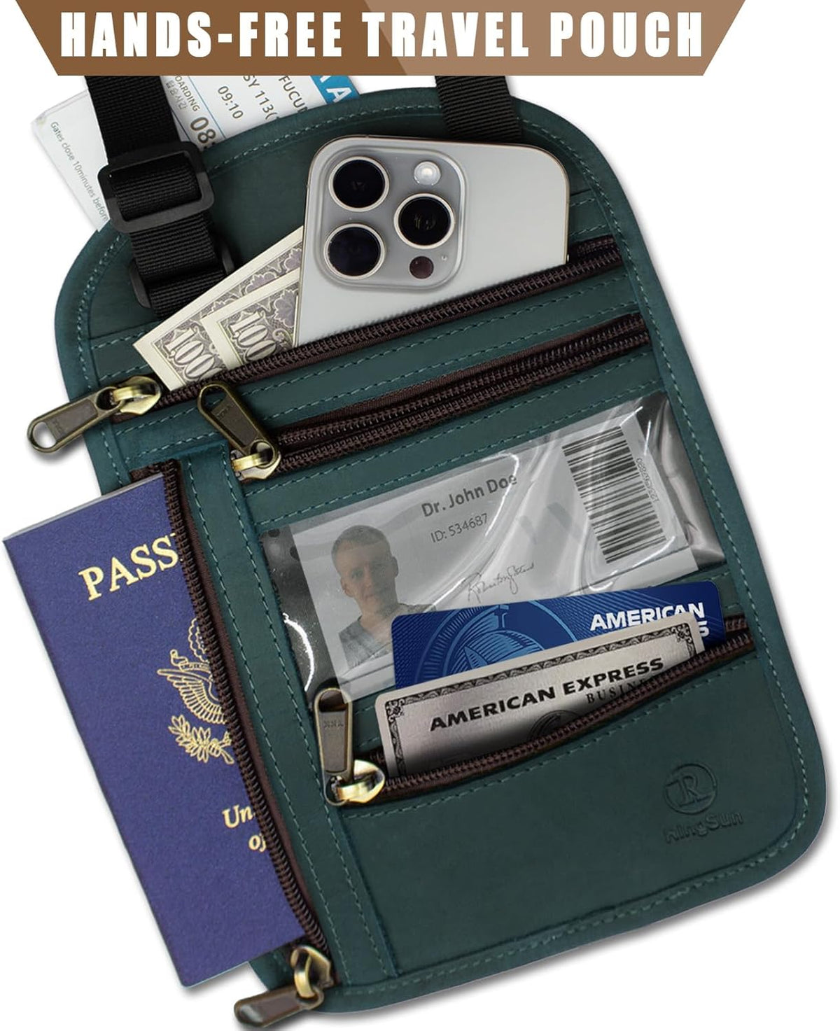 Genuine Leather Passport Holder For Travel, RFID Blocking Slim Neck Wallet with Adjustable Strap for Women and Men, Travel Essentials to Keep Cash, Credit Cards and Documents Safe, Brown