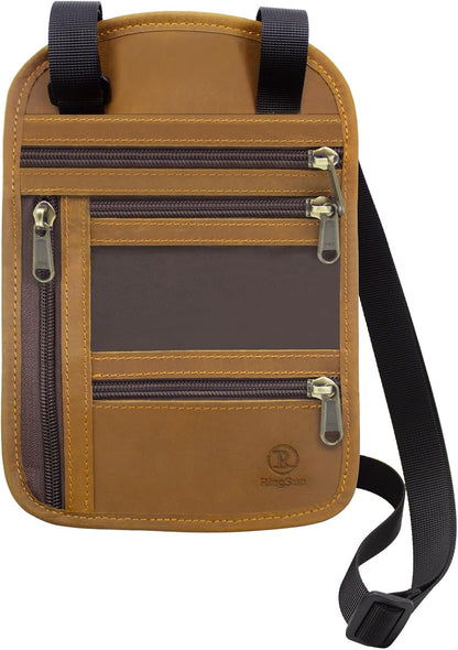 Genuine Leather Passport Holder For Travel, RFID Blocking Slim Neck Wallet with Adjustable Strap for Women and Men, Travel Essentials to Keep Cash, Credit Cards and Documents Safe, Brown