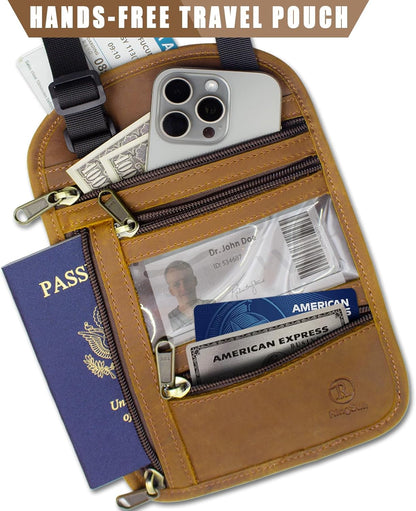 Genuine Leather Passport Holder For Travel, RFID Blocking Slim Neck Wallet with Adjustable Strap for Women and Men, Travel Essentials to Keep Cash, Credit Cards and Documents Safe, Brown