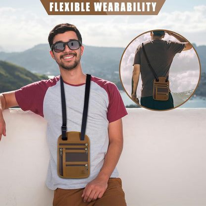 Genuine Leather Passport Holder For Travel, RFID Blocking Slim Neck Wallet with Adjustable Strap for Women and Men, Travel Essentials to Keep Cash, Credit Cards and Documents Safe, Brown