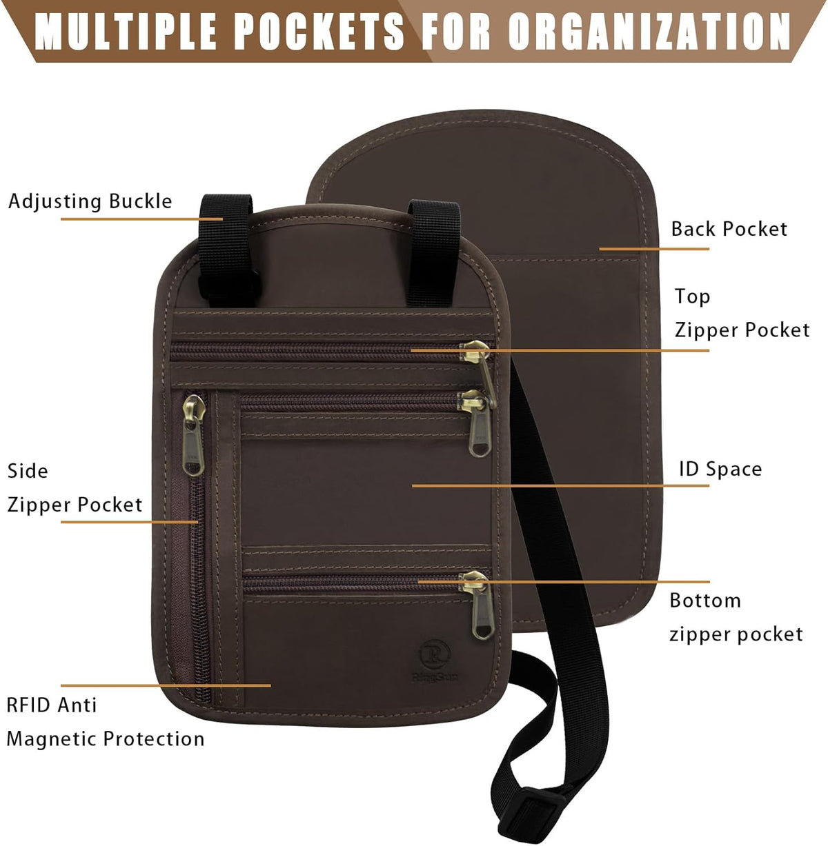 Genuine Leather Passport Holder For Travel, RFID Blocking Slim Neck Wallet with Adjustable Strap for Women and Men, Travel Essentials to Keep Cash, Credit Cards and Documents Safe, Brown