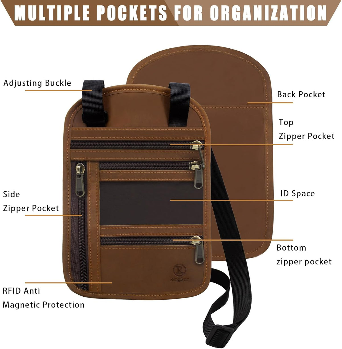 Genuine Leather Passport Holder For Travel, RFID Blocking Slim Neck Wallet with Adjustable Strap for Women and Men, Travel Essentials to Keep Cash, Credit Cards and Documents Safe, Brown