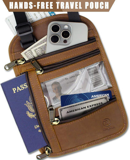 Genuine Leather Passport Holder For Travel, RFID Blocking Slim Neck Wallet with Adjustable Strap for Women and Men, Travel Essentials to Keep Cash, Credit Cards and Documents Safe, Brown