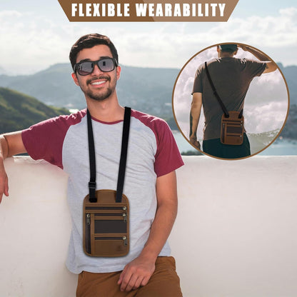 Genuine Leather Passport Holder For Travel, RFID Blocking Slim Neck Wallet with Adjustable Strap for Women and Men, Travel Essentials to Keep Cash, Credit Cards and Documents Safe, Brown
