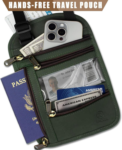Genuine Leather Passport Holder For Travel, RFID Blocking Slim Neck Wallet with Adjustable Strap for Women and Men, Travel Essentials to Keep Cash, Credit Cards and Documents Safe, Brown