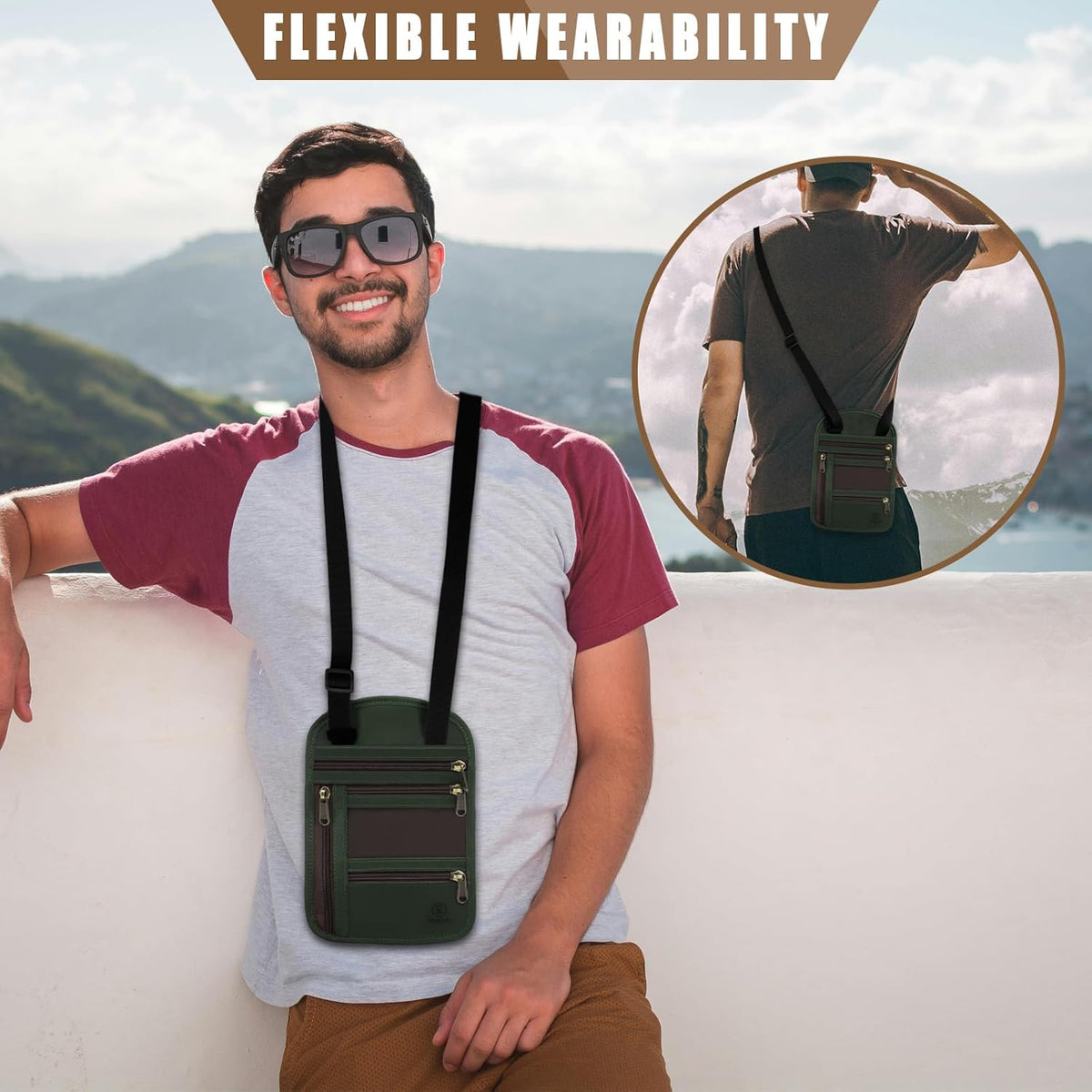 Genuine Leather Passport Holder For Travel, RFID Blocking Slim Neck Wallet with Adjustable Strap for Women and Men, Travel Essentials to Keep Cash, Credit Cards and Documents Safe, Brown
