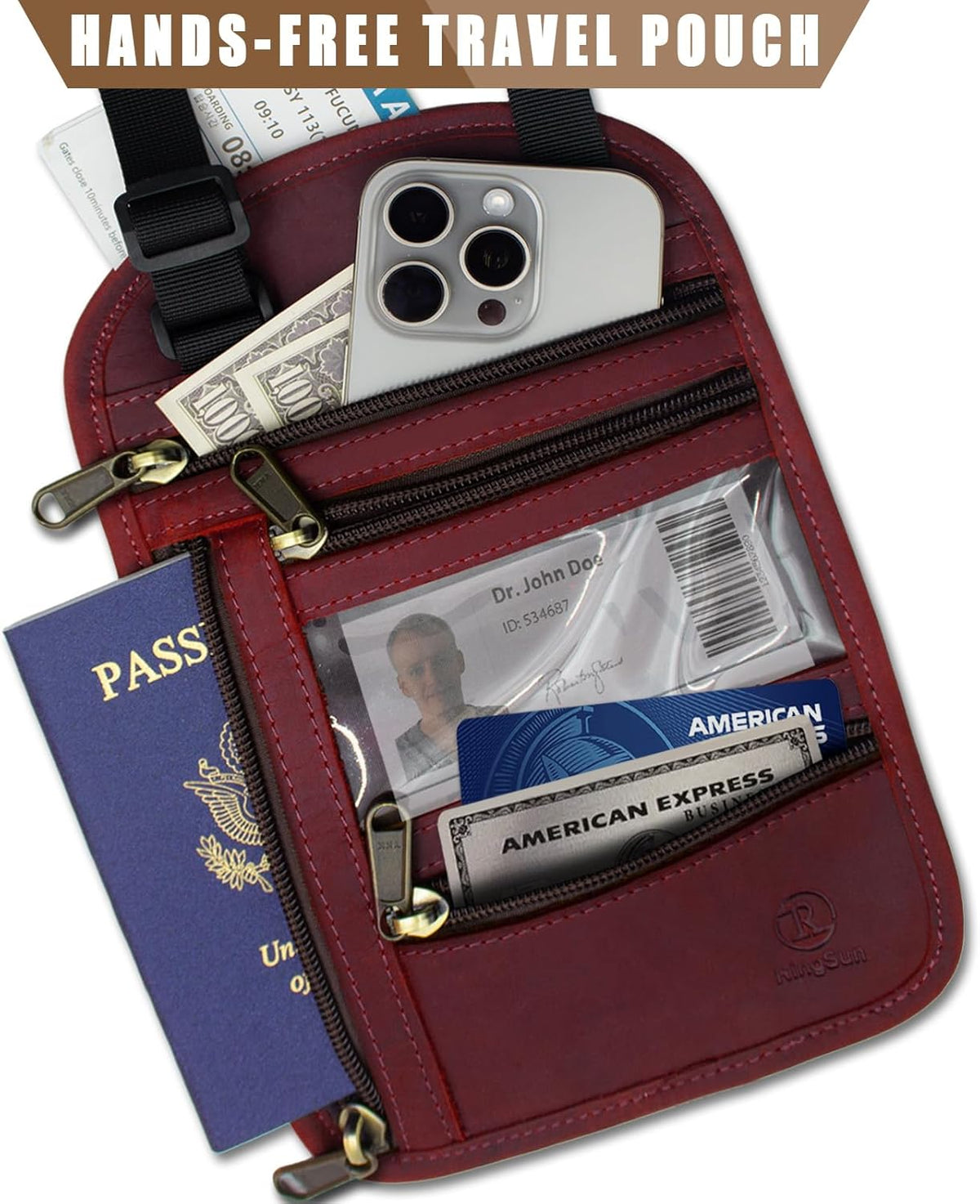 Genuine Leather Passport Holder For Travel, RFID Blocking Slim Neck Wallet with Adjustable Strap for Women and Men, Travel Essentials to Keep Cash, Credit Cards and Documents Safe, Brown
