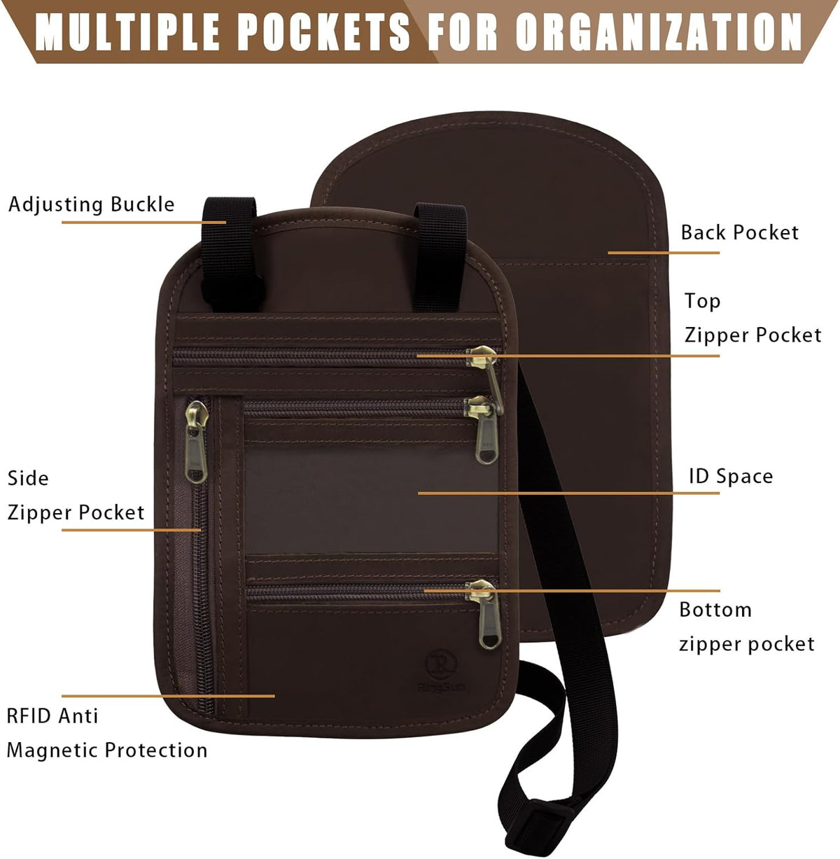 Genuine Leather Passport Holder For Travel, RFID Blocking Slim Neck Wallet with Adjustable Strap for Women and Men, Travel Essentials to Keep Cash, Credit Cards and Documents Safe, Brown