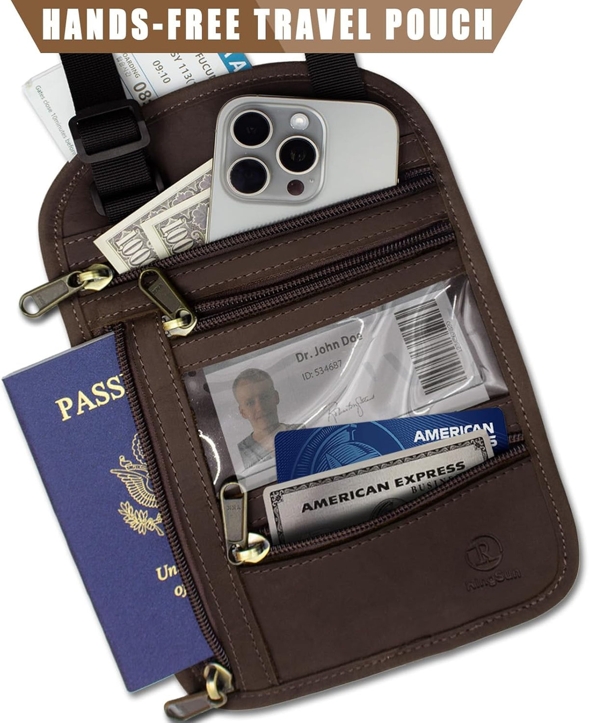 Genuine Leather Passport Holder For Travel, RFID Blocking Slim Neck Wallet with Adjustable Strap for Women and Men, Travel Essentials to Keep Cash, Credit Cards and Documents Safe, Brown