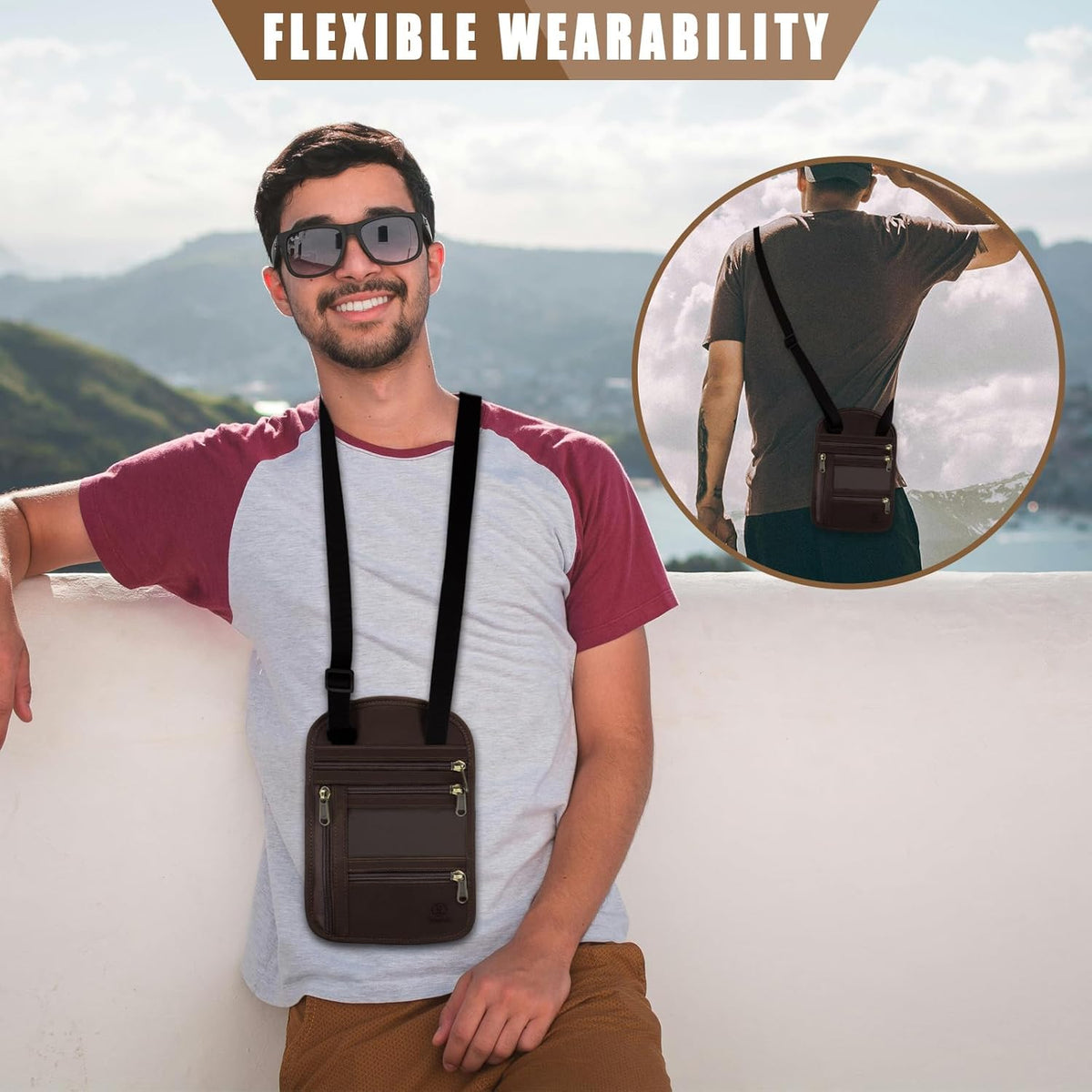 Genuine Leather Passport Holder For Travel, RFID Blocking Slim Neck Wallet with Adjustable Strap for Women and Men, Travel Essentials to Keep Cash, Credit Cards and Documents Safe, Brown