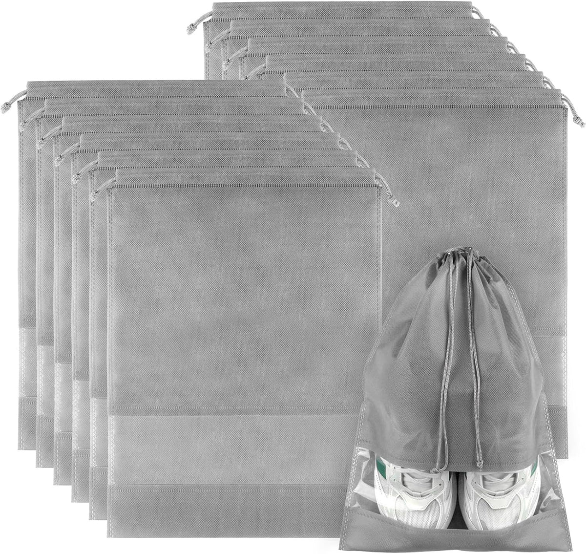 12 Pack Large Shoe Bags for Packing with Clear Window, Dustproof Drawstring Travel Shoe Storage Bags for Men & Women, Black