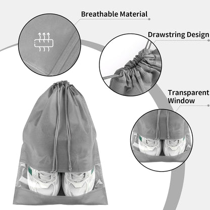 12 Pack Large Shoe Bags for Packing with Clear Window, Dustproof Drawstring Travel Shoe Storage Bags for Men & Women, Black