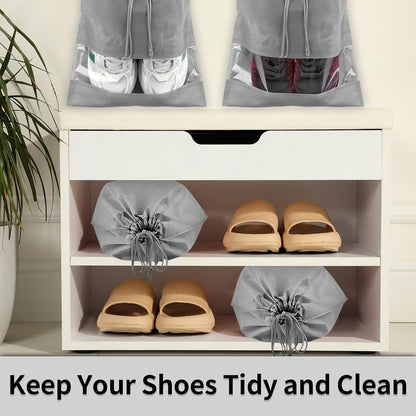 12 Pack Large Shoe Bags for Packing with Clear Window, Dustproof Drawstring Travel Shoe Storage Bags for Men & Women, Black