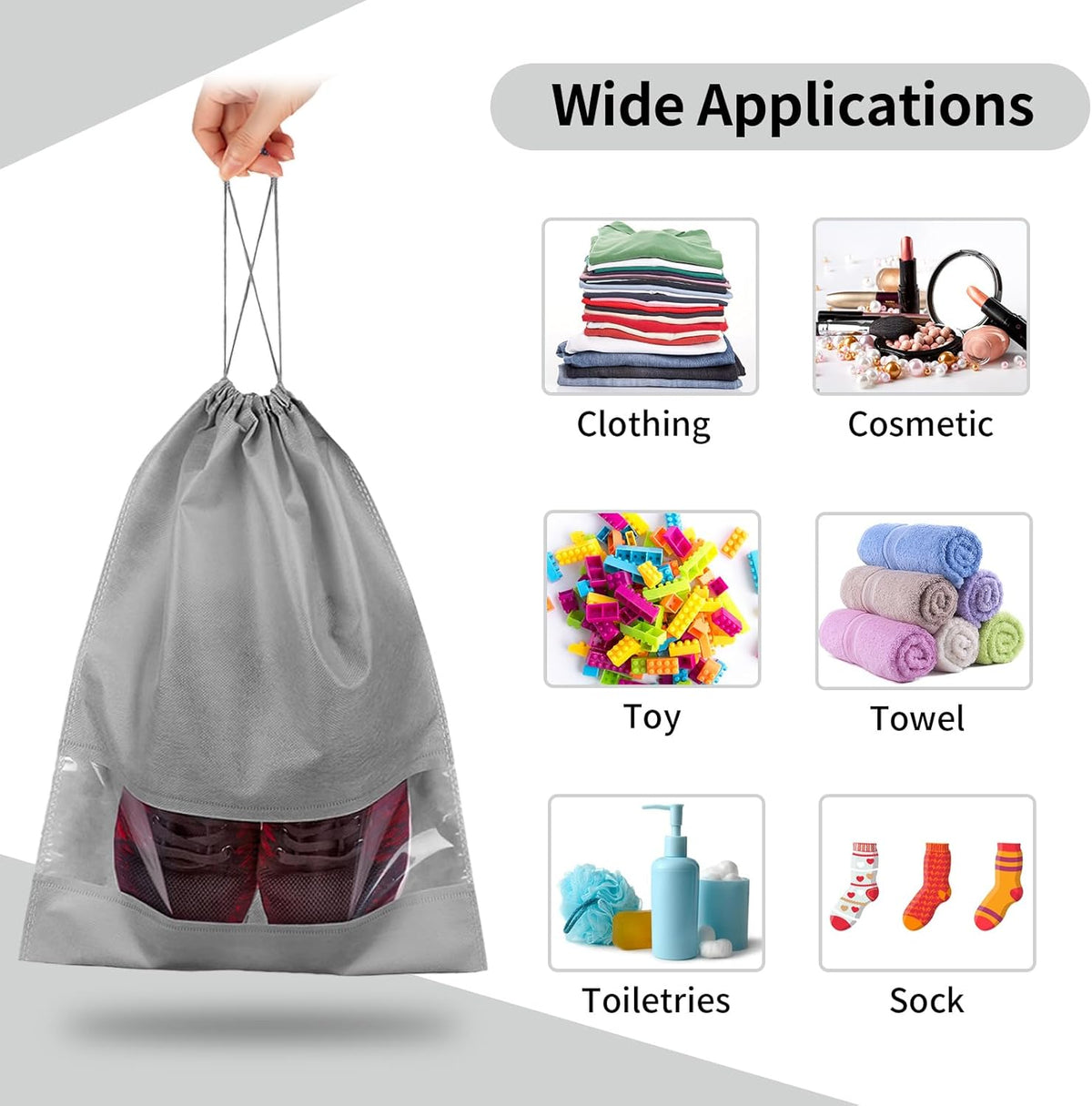 12 Pack Large Shoe Bags for Packing with Clear Window, Dustproof Drawstring Travel Shoe Storage Bags for Men & Women, Black