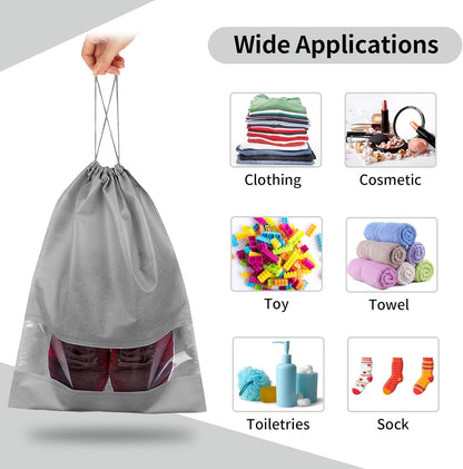 12 Pack Large Shoe Bags for Packing with Clear Window, Dustproof Drawstring Travel Shoe Storage Bags for Men & Women, Black