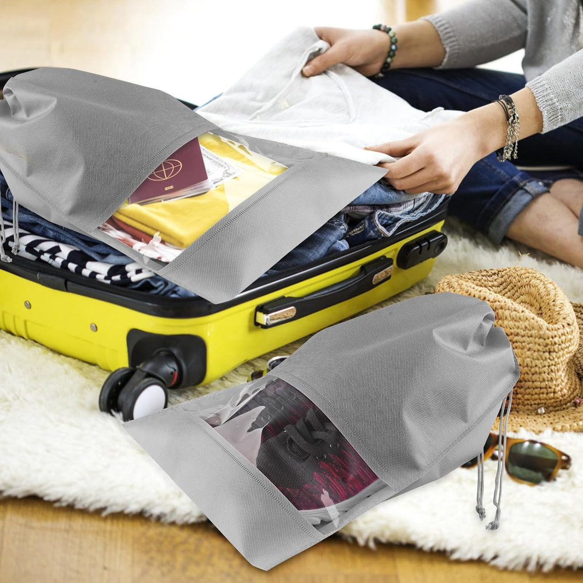12 Pack Large Shoe Bags for Packing with Clear Window, Dustproof Drawstring Travel Shoe Storage Bags for Men & Women, Black